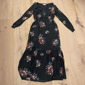 LOFT Floral Maxi Dress Small Black Long Sleeve Boho Fall Flowy Lined